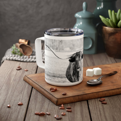 Coffee Mug - Black and White Longhorn Design - 10oz Insulated